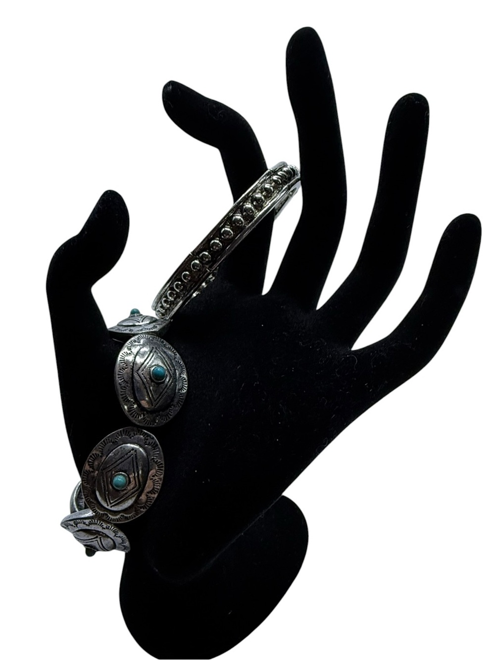 Silver Tones Faux Turquoise Concho Cuff Bracelet - Silver Beaded Stretch Set 2
